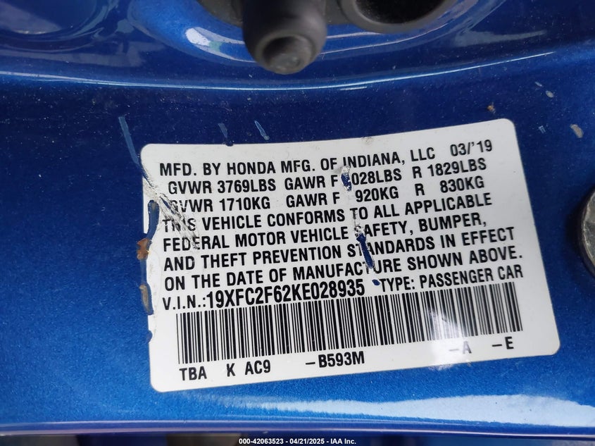 2019 HONDA CIVIC VIN: 19XFC2F62KE028935