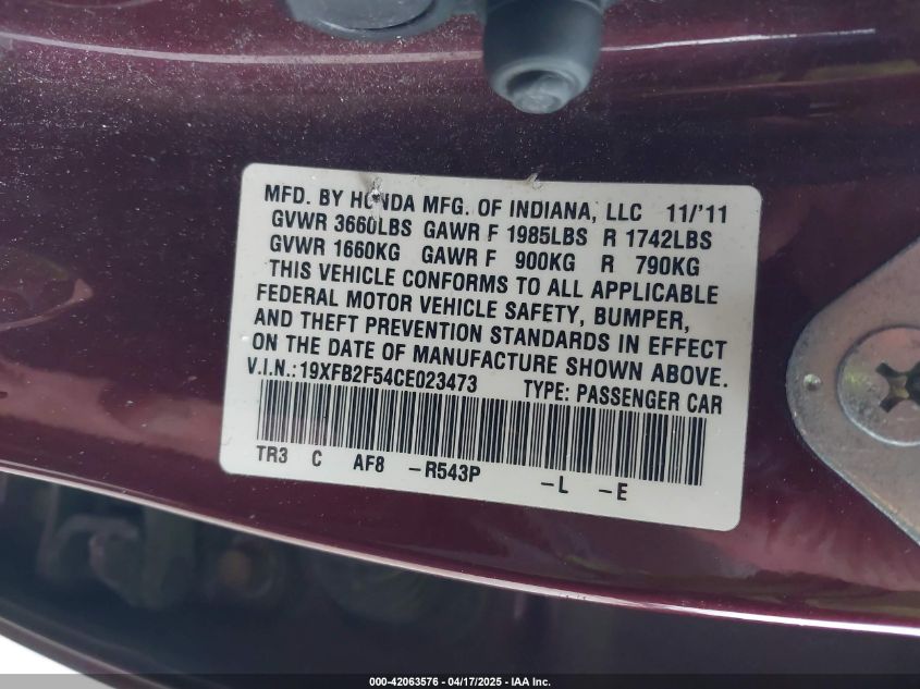 2012 Honda Civic Lx VIN: 19XFB2F54CE023473 Lot: 42063576