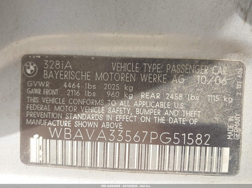 2007 BMW 328I VIN: WBAVA33567PG51582