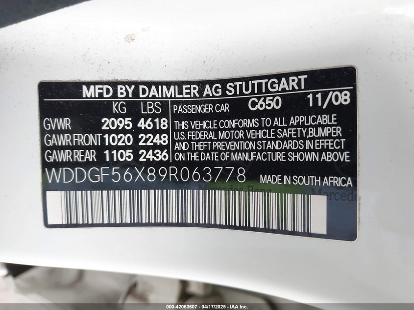 2009 MERCEDES-BENZ C VIN: WDDGF56X89R063778