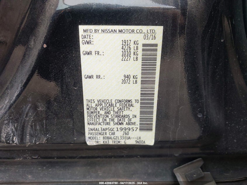 2016 NISSAN ALTIMA VIN: 1N4AL3AP5GC199957