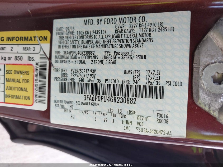 2016 FORD FUSION ENERGI VIN: 3FA6P0PU4GR230882