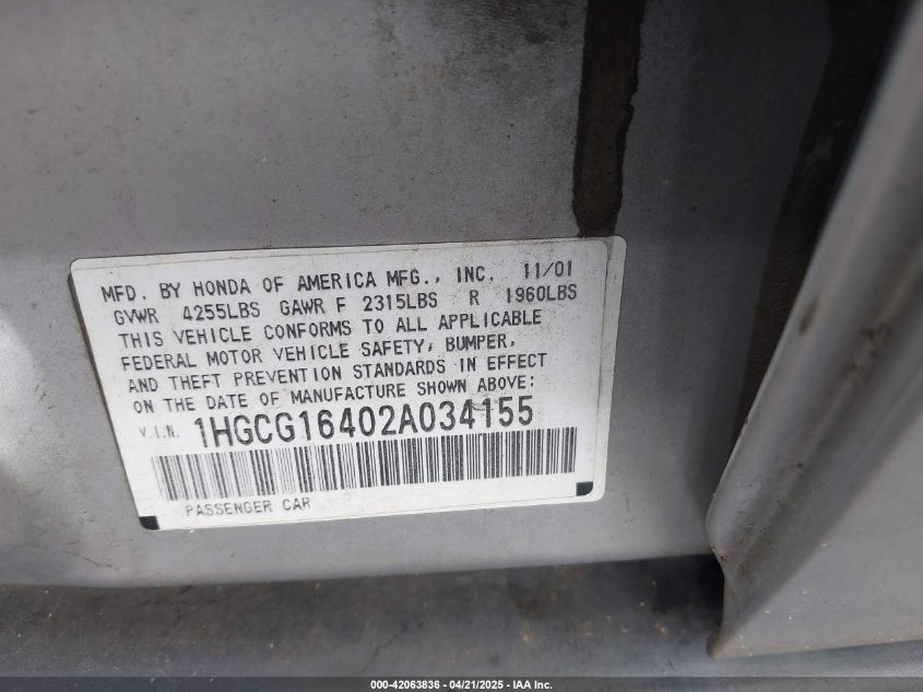 2002 Honda Accord 3.0 Lx VIN: 1HGCG16402A034155 Lot: 42063836