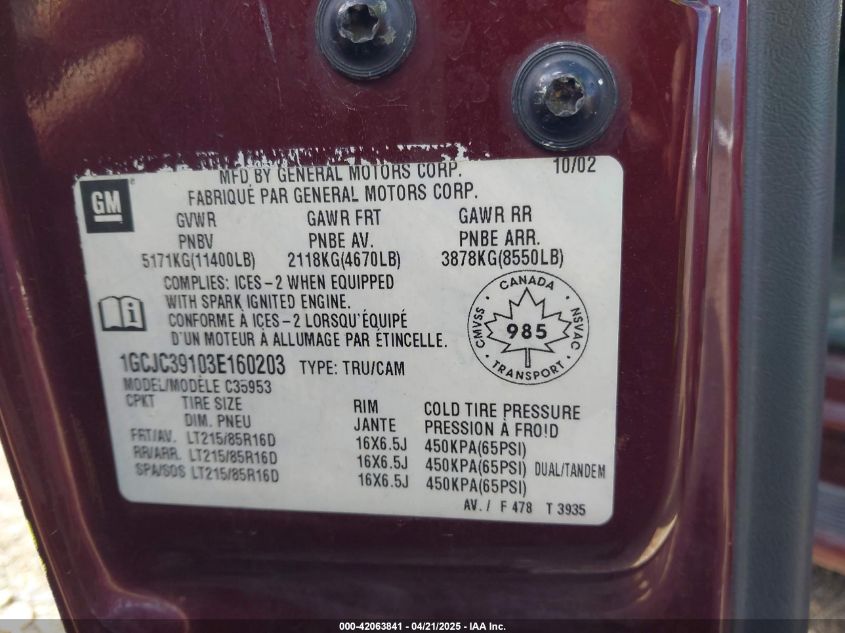 2003 Chevrolet Silverado 3500 Ls/Lt VIN: 1GCJC39103E160203 Lot: 42063841