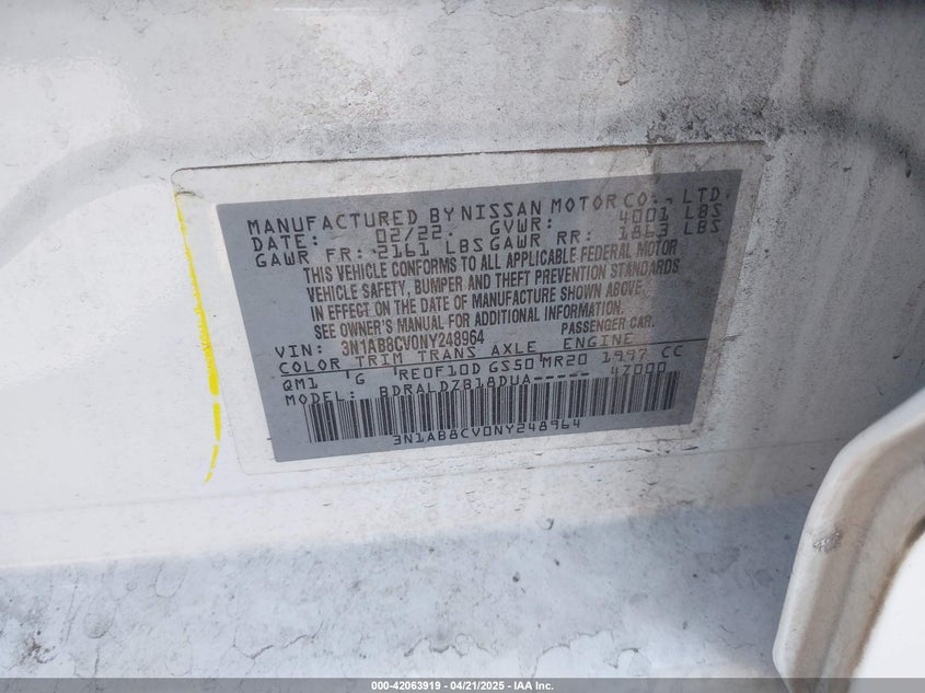 2022 NISSAN SENTRA VIN: 3N1AB8CV0NY248964