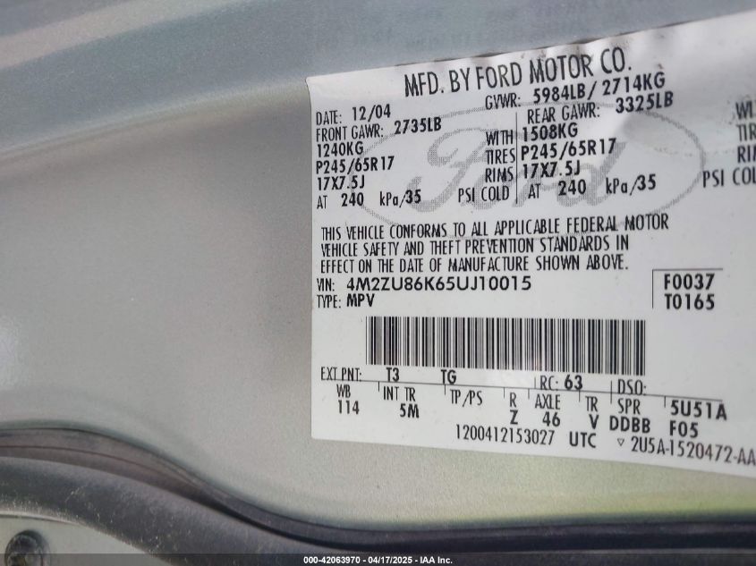 2005 Mercury Mountaineer VIN: 4M2ZU86K65UJ10015 Lot: 42063970