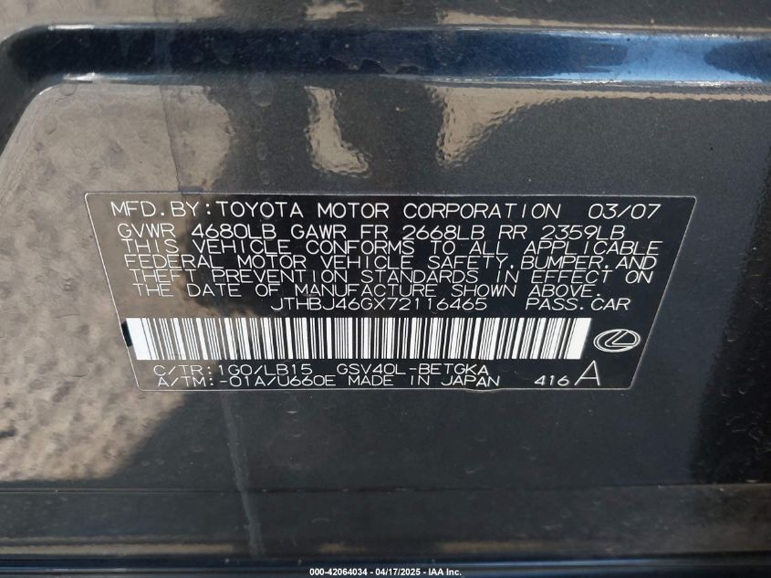 2007 Lexus Es 350 VIN: JTHBJ46GX72116465 Lot: 42064034