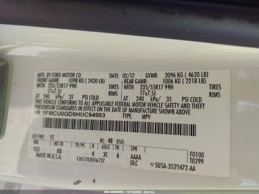 2017 Ford Escape Se VIN: 1FMCU0GD9HUC94993 Lot: 42064050