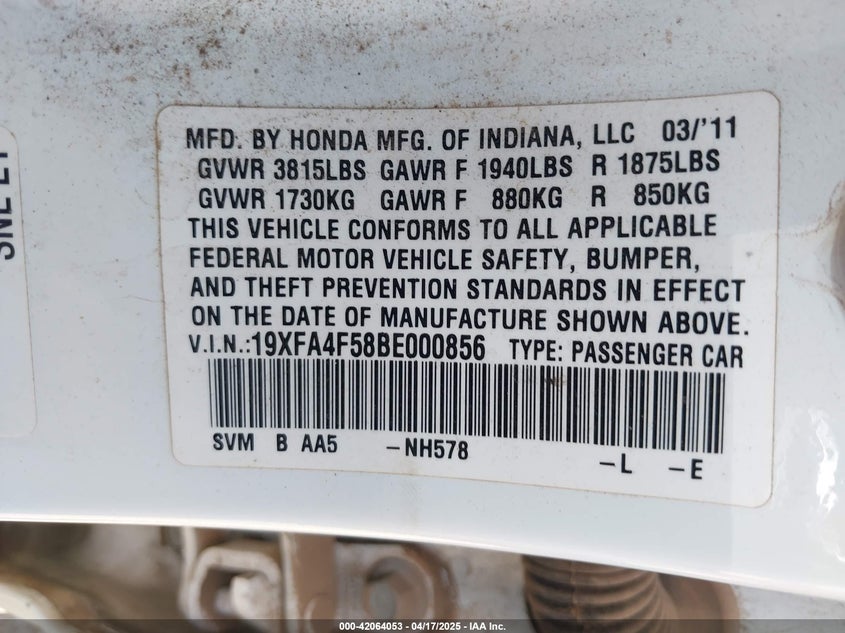 2011 HONDA CIVIC VIN: 19XFA4F58BE000856