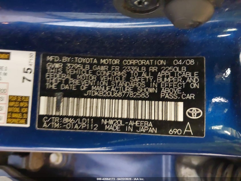 2008 TOYOTA PRIUS VIN: JTDKB20U687782583