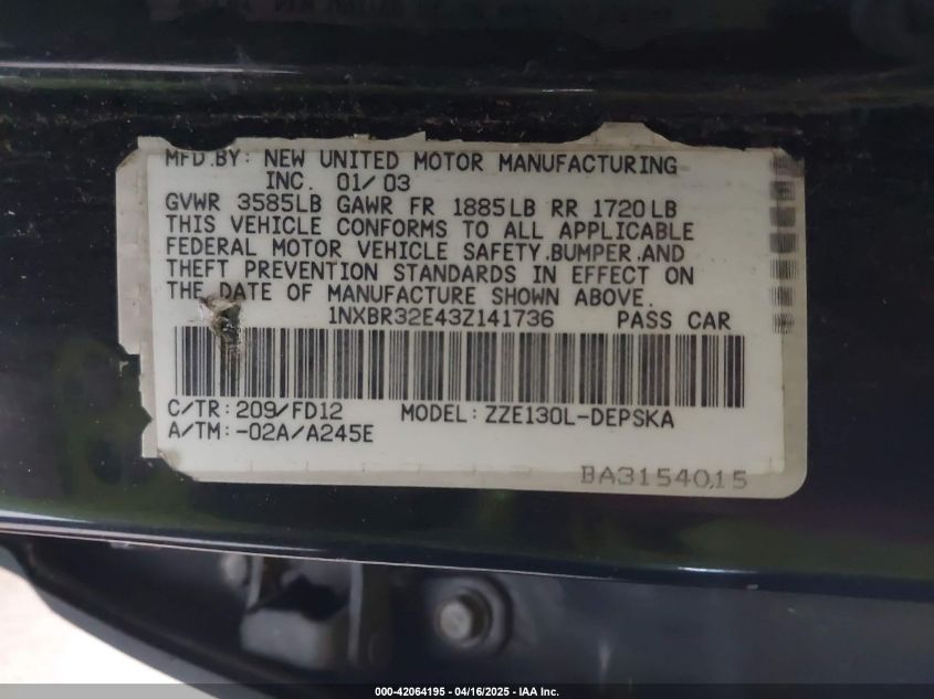 2003 Toyota Corolla S VIN: 1NXBR32E43Z141736 Lot: 42064195