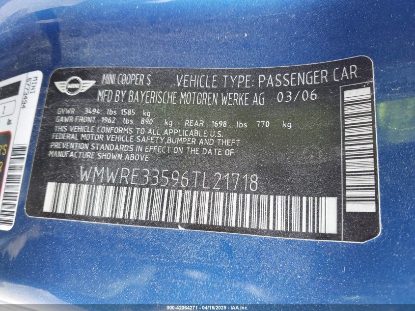 2006 Mini Cooper S VIN: WMWRE33596TL21718 Lot: 42064271