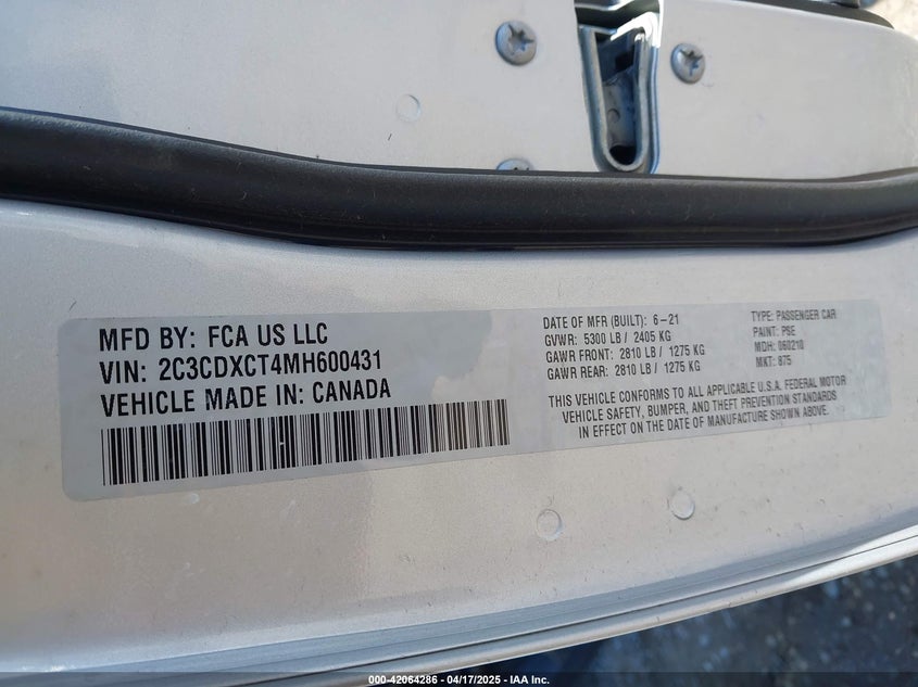2021 DODGE CHARGER VIN: 2C3CDXCT4MH600431