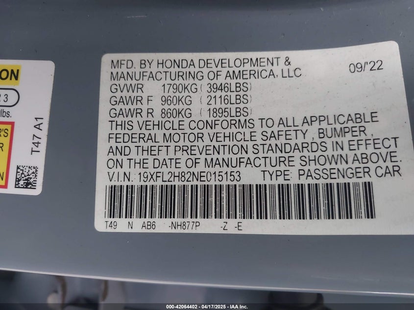 2022 HONDA CIVIC VIN: 19XFL2H82NE015153