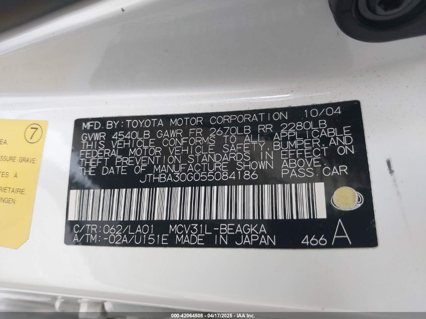 2005 Lexus Es 330 VIN: JTHBA30G055084186 Lot: 42064508