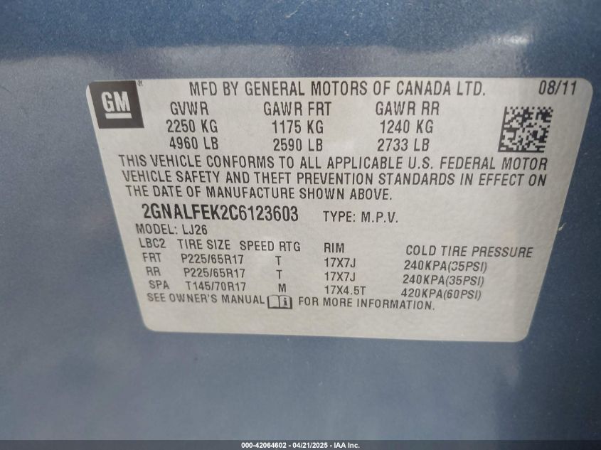 2012 Chevrolet Equinox Ltz VIN: 2GNALFEK2C6123603 Lot: 42064602