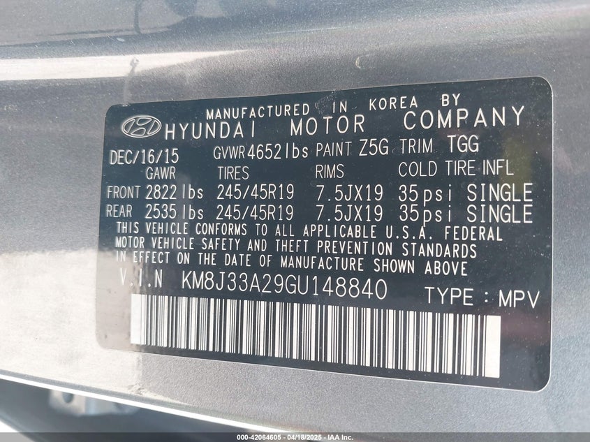 2016 HYUNDAI TUCSON VIN: KM8J33A29GU148840