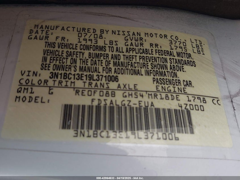 2009 NISSAN VERSA VIN: 3N1BC13E19L371006