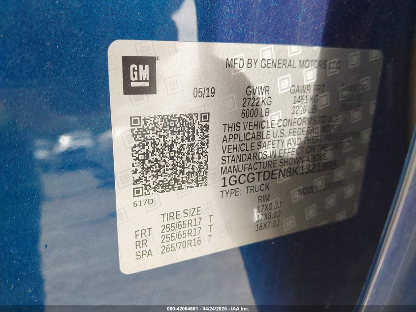 2019 Chevrolet Colorado Z71 VIN: 1GCGTDEN8K1321895 Lot: 42064661