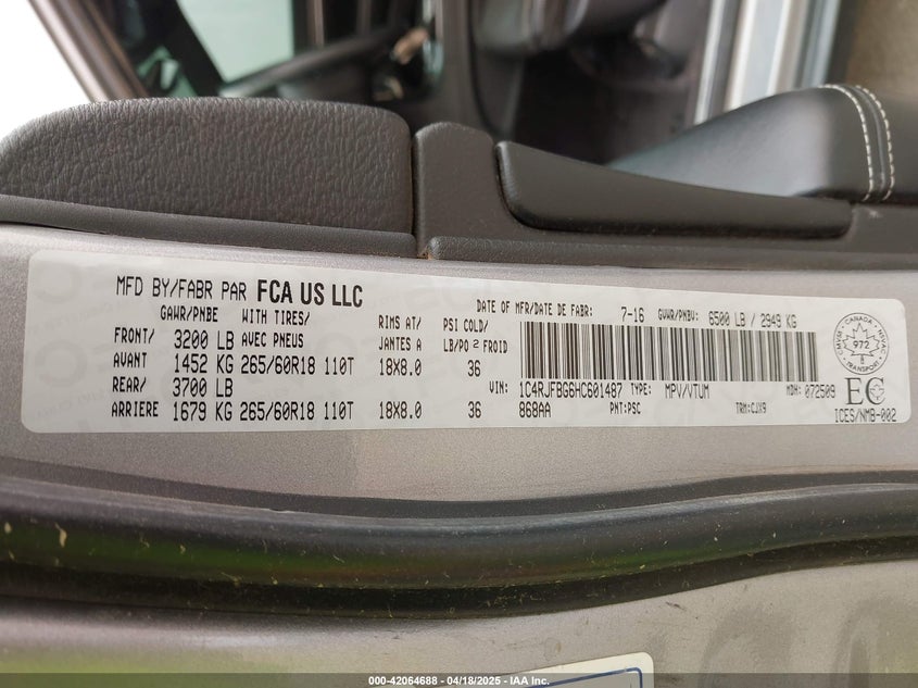 VIN 1C4RJFBG6HC601487 2017 JEEP GRAND CHEROKEE LIMITED