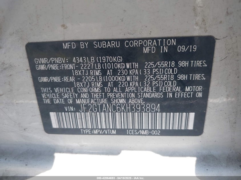 2019 SUBARU CROSSTREK 2.0I LIMITED - JF2GTANC6KH393894