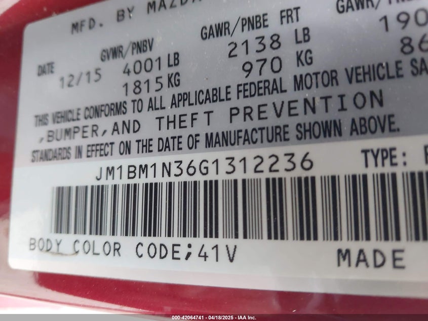 2016 MAZDA MAZDA3 VIN: JM1BM1N36G1312236