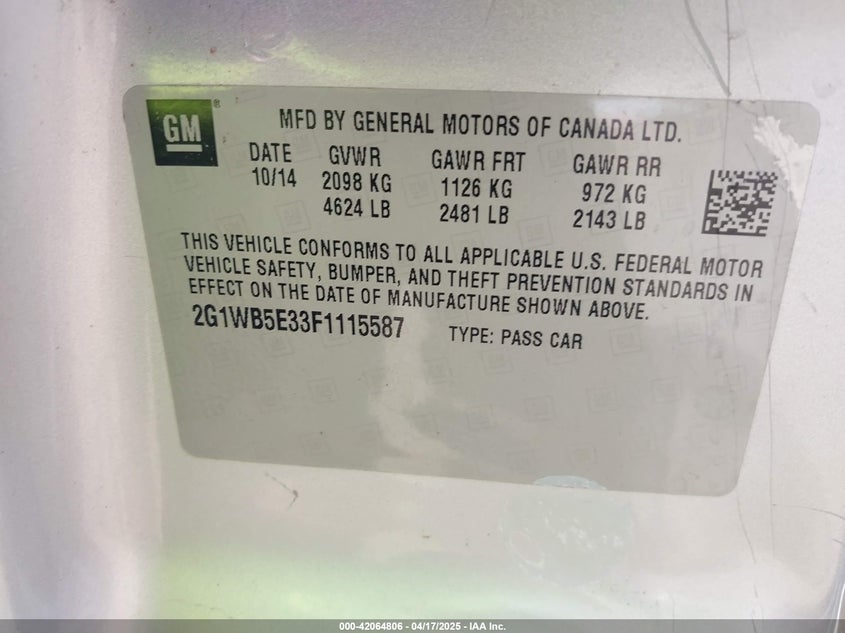 2015 CHEVROLET IMPALA LIMITED LT - 2G1WB5E33F1115587