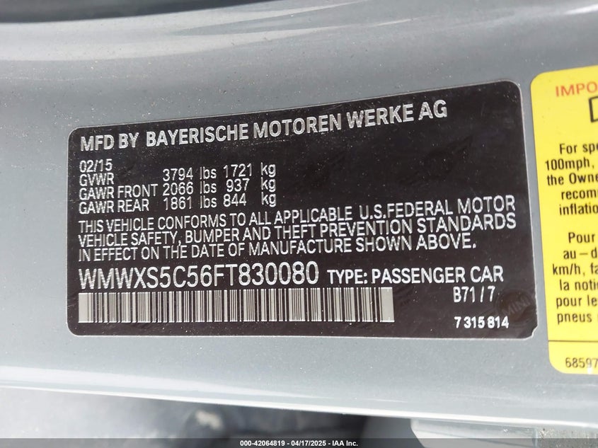 2015 MINI HARDTOP VIN: WMWXS5C56FT830080