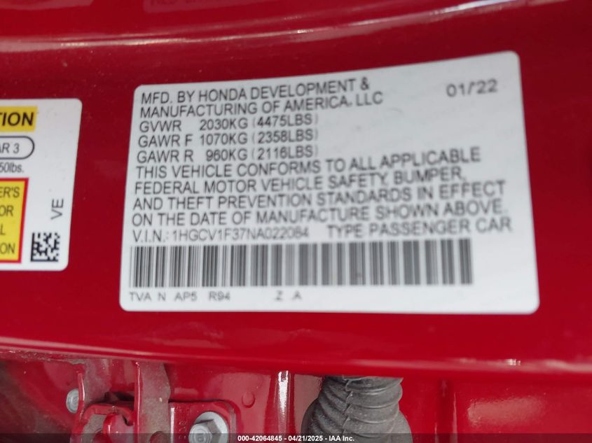 2022 Honda Accord Sport VIN: 1HGCV1F37NA022084 Lot: 42064845