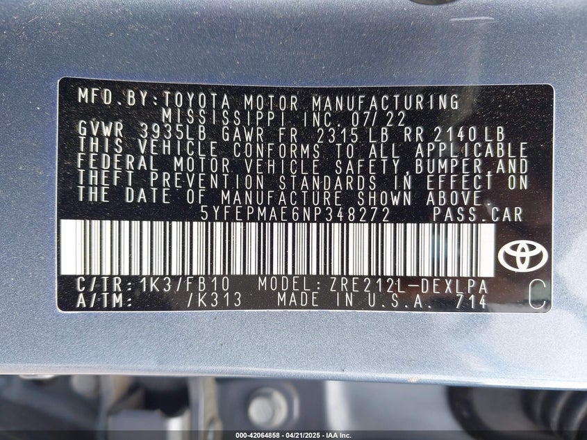 2022 TOYOTA COROLLA LE - 5YFEPMAE6NP348272