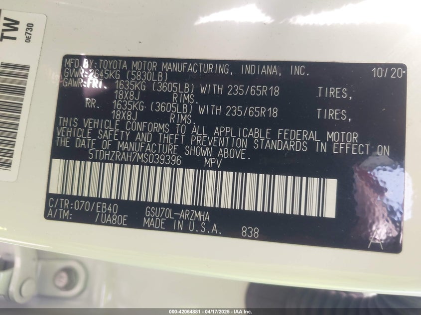 2021 TOYOTA HIGHLANDER XLE - 5TDHZRAH7MS039396