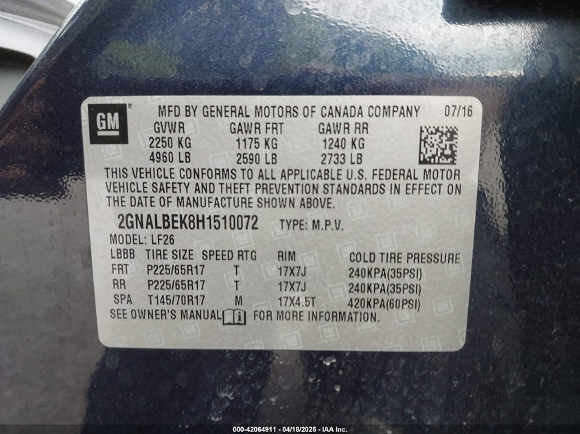 2017 CHEVROLET EQUINOX VIN: 2GNALBEK8H1510072