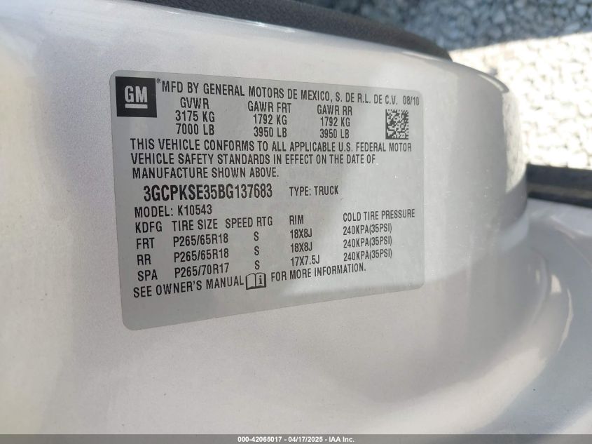 2011 Chevrolet Silverado 1500 Lt VIN: 3GCPKSE35BG137683 Lot: 42065017