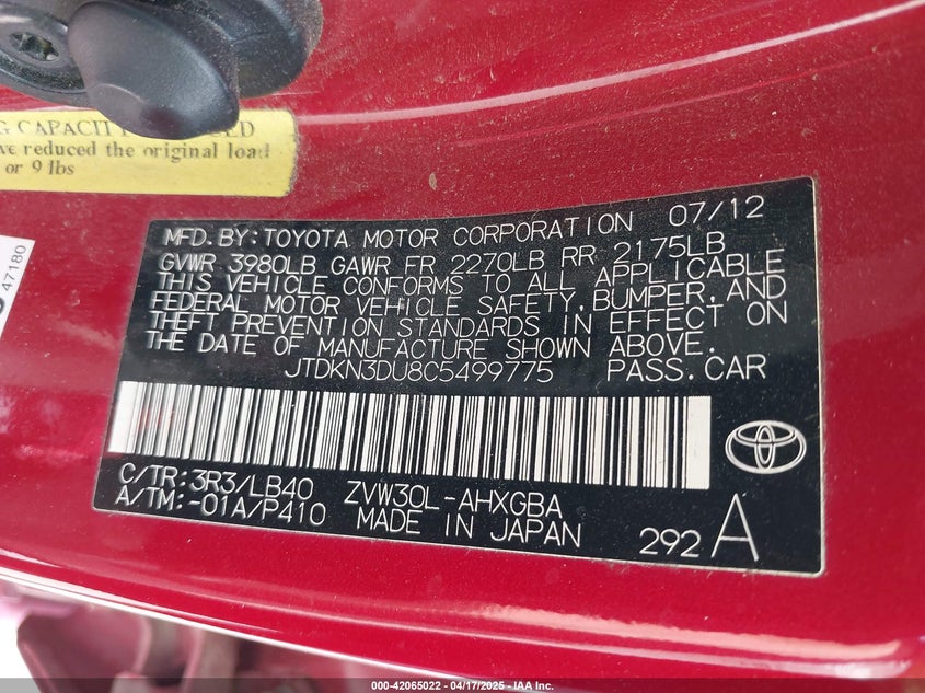 2012 TOYOTA PRIUS VIN: JTDKN3DU8C5499775
