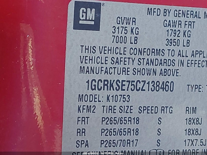 2012 CHEVROLET SILVERADO 1500 VIN: 1GCRKSE75CZ138460