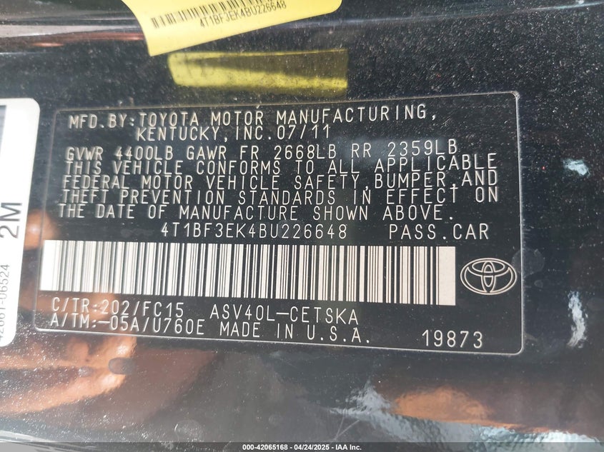 2011 TOYOTA CAMRY VIN: 4T1BF3EK4BU226648