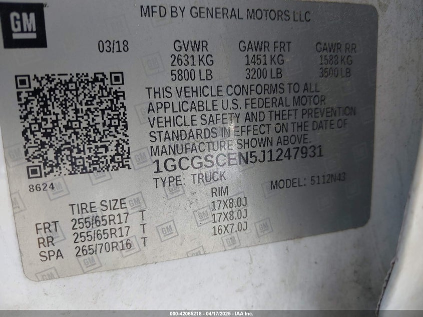 VIN 1GCGSCEN5J1247931 2018 CHEVROLET COLORADO LT