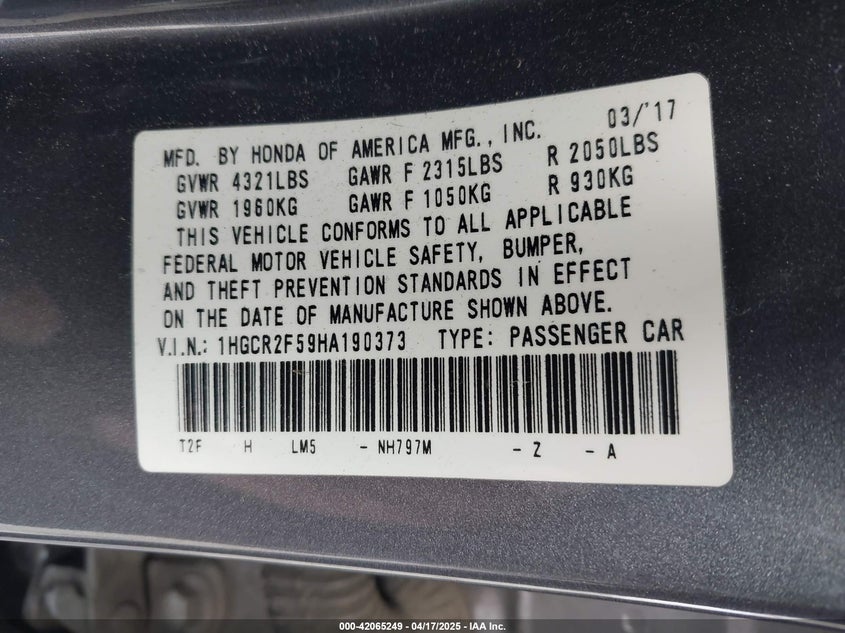 2017 HONDA ACCORD VIN: 1HGCR2F59HA190373
