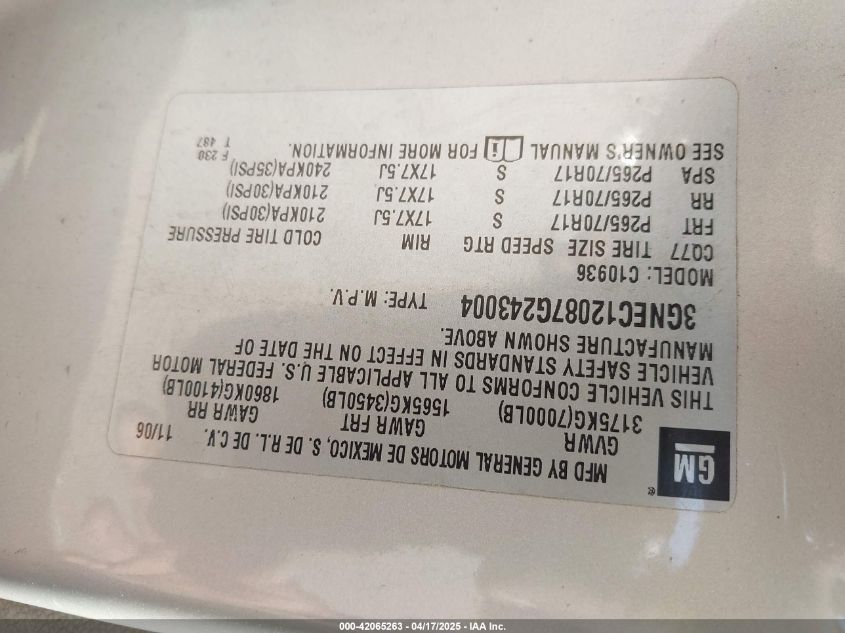 2007 Chevrolet Avalanche 1500 Lt VIN: 3GNEC12087G243004 Lot: 42065263