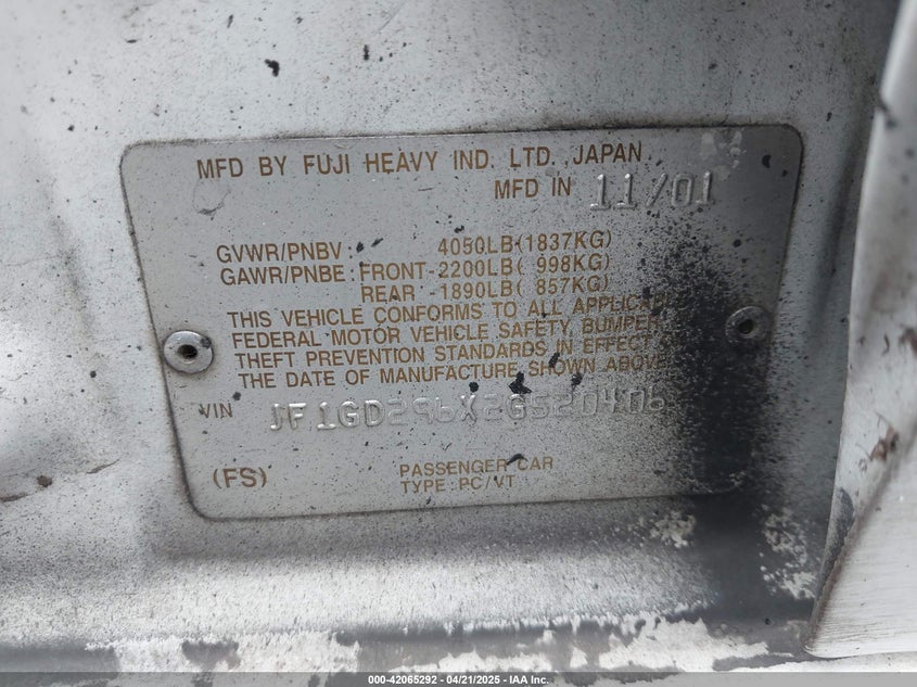 2002 Subaru Impreza Wrx VIN: JF1GD296X2G520406 Lot: 42065292