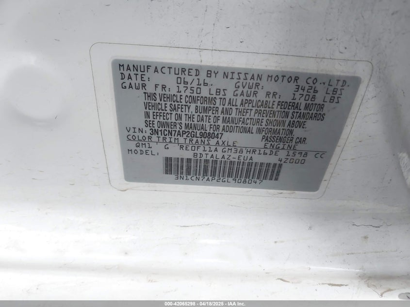 2016 NISSAN VERSA S/S PLUS/SV/SL - 3N1CN7AP2GL908047