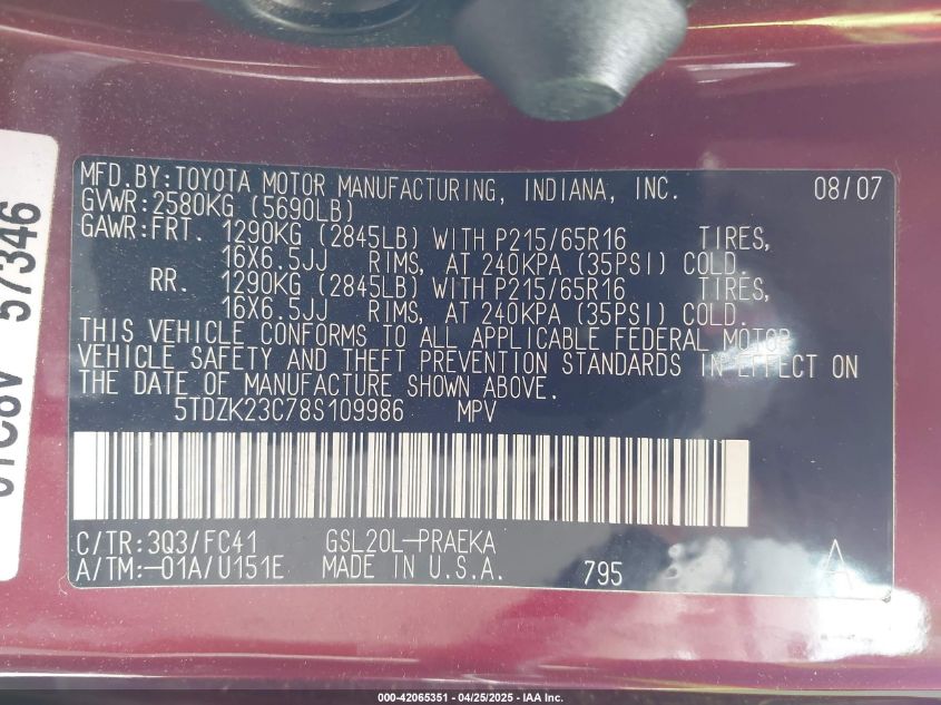 2008 Toyota Sienna Le VIN: 5TDZK23C78S109986 Lot: 42065351