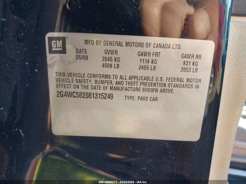 2008 Buick Lacrosse Cx VIN: 2G4WC582081315249 Lot: 42065372