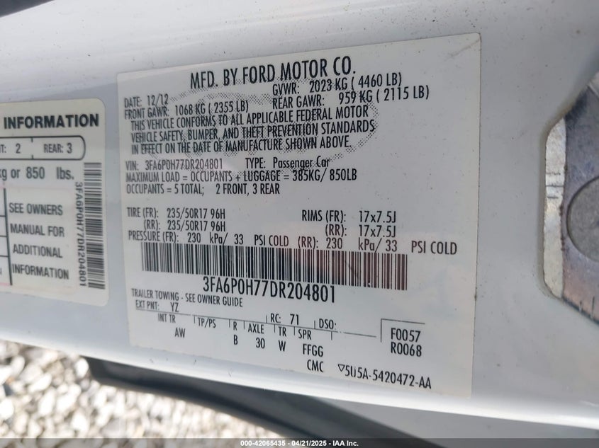 2013 FORD FUSION VIN: 3FA6P0H77DR204801
