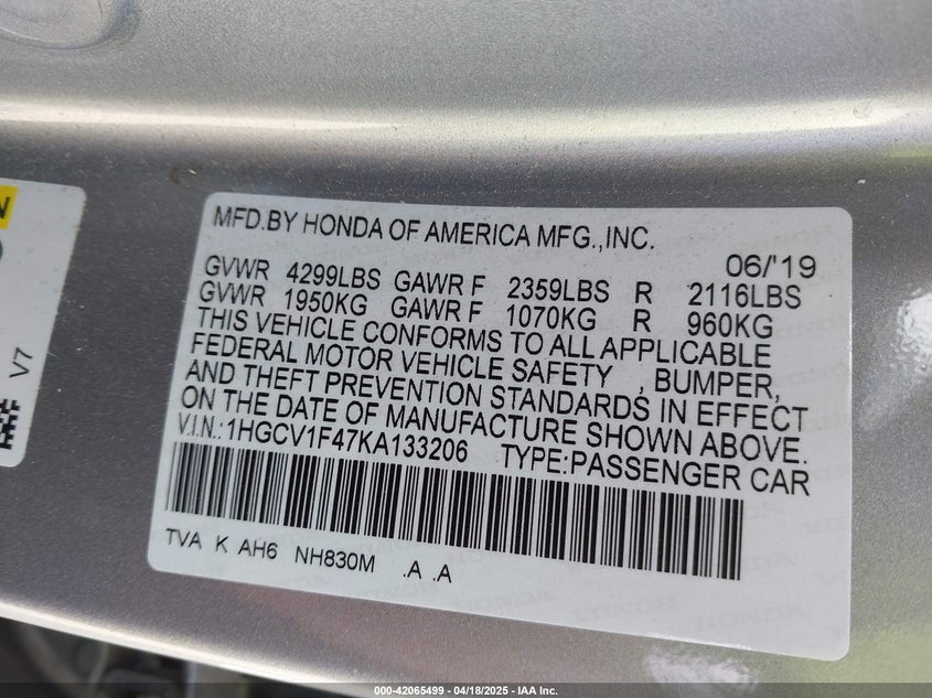 2019 HONDA ACCORD VIN: 1HGCV1F47KA133206
