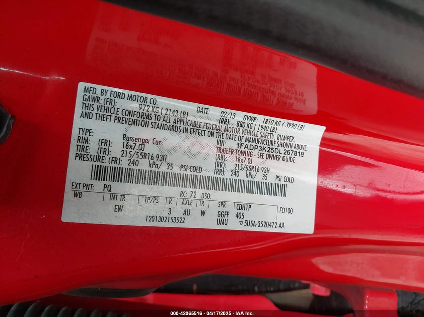 2013 FORD FOCUS VIN: 1FADP3K25DL267819