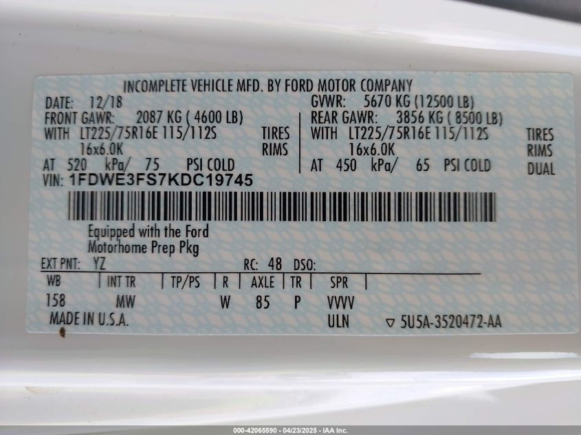 2019 Ford E-350 Cutaway VIN: 1FDWE3FS7KDC19745 Lot: 42065590