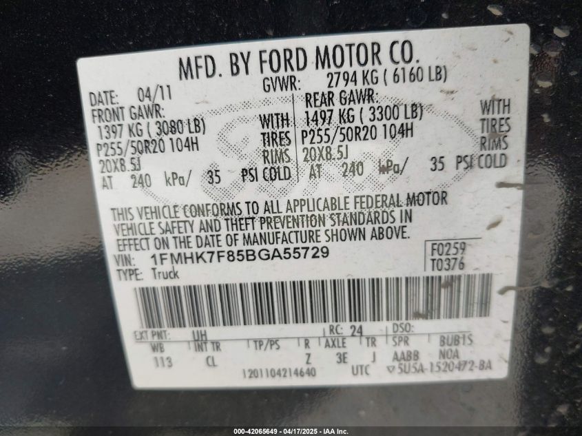 2011 Ford Explorer Limited VIN: 1FMHK7F85BGA55729 Lot: 42065649