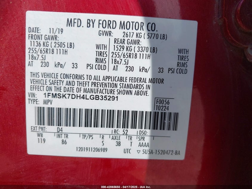2020 FORD EXPLORER VIN: 1FMSK7DH4LGB35291
