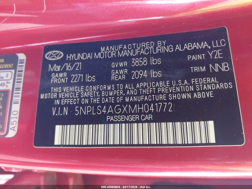 VIN 5NPLS4AGXMH041772 2021 HYUNDAI ELANTRA SEL